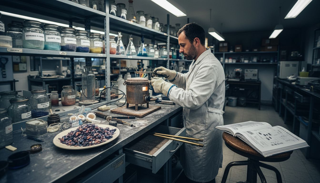 Un technicien en pleine préparation des matériaux nécessaires à la fabrication de pierres synthétiques.