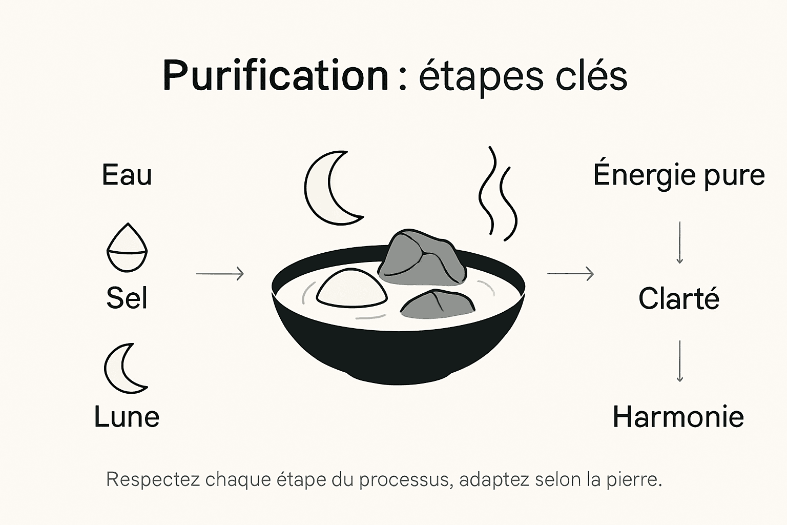 Visuel explicatif présentant les étapes essentielles de la purification des pierres