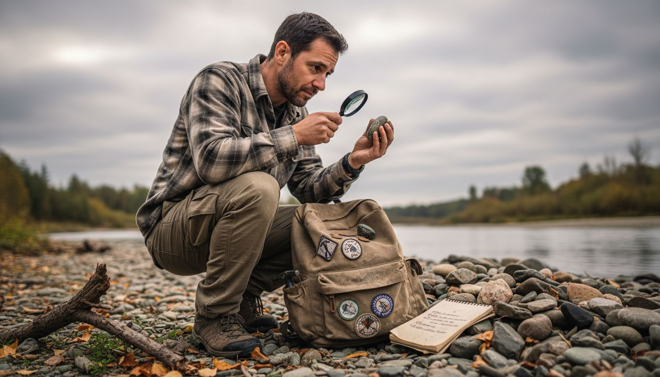 Passionné de géologie, j’examine les pierres au bord de la rivière.
