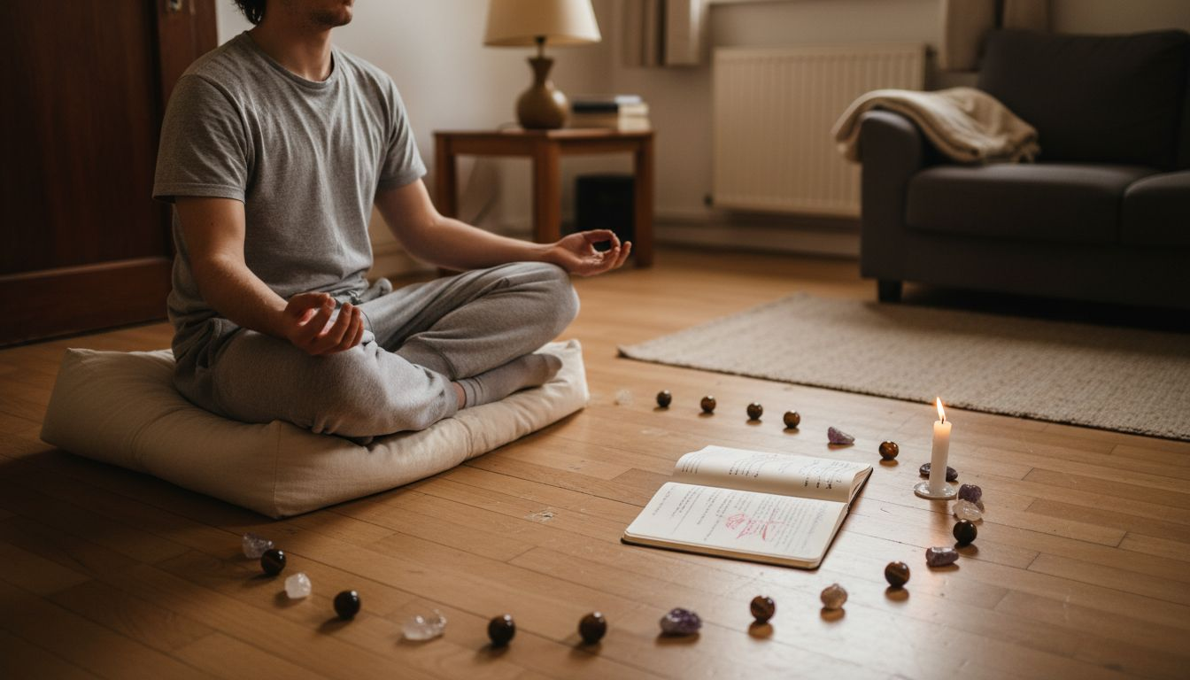 Un moment de méditation, bercé par l’énergie apaisante des pierres naturelles.