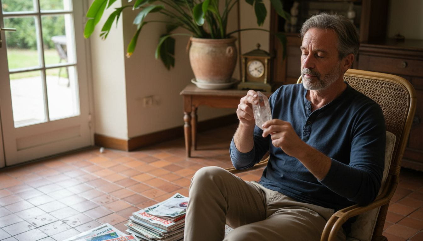 Un homme participe à une séance de lithothérapie en tenant un cristal de quartz dans ses mains.