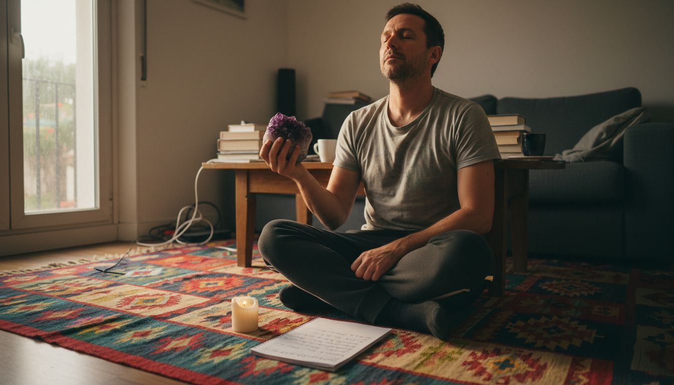 Un homme en pleine méditation chez lui, tenant une améthyste dans ses mains.