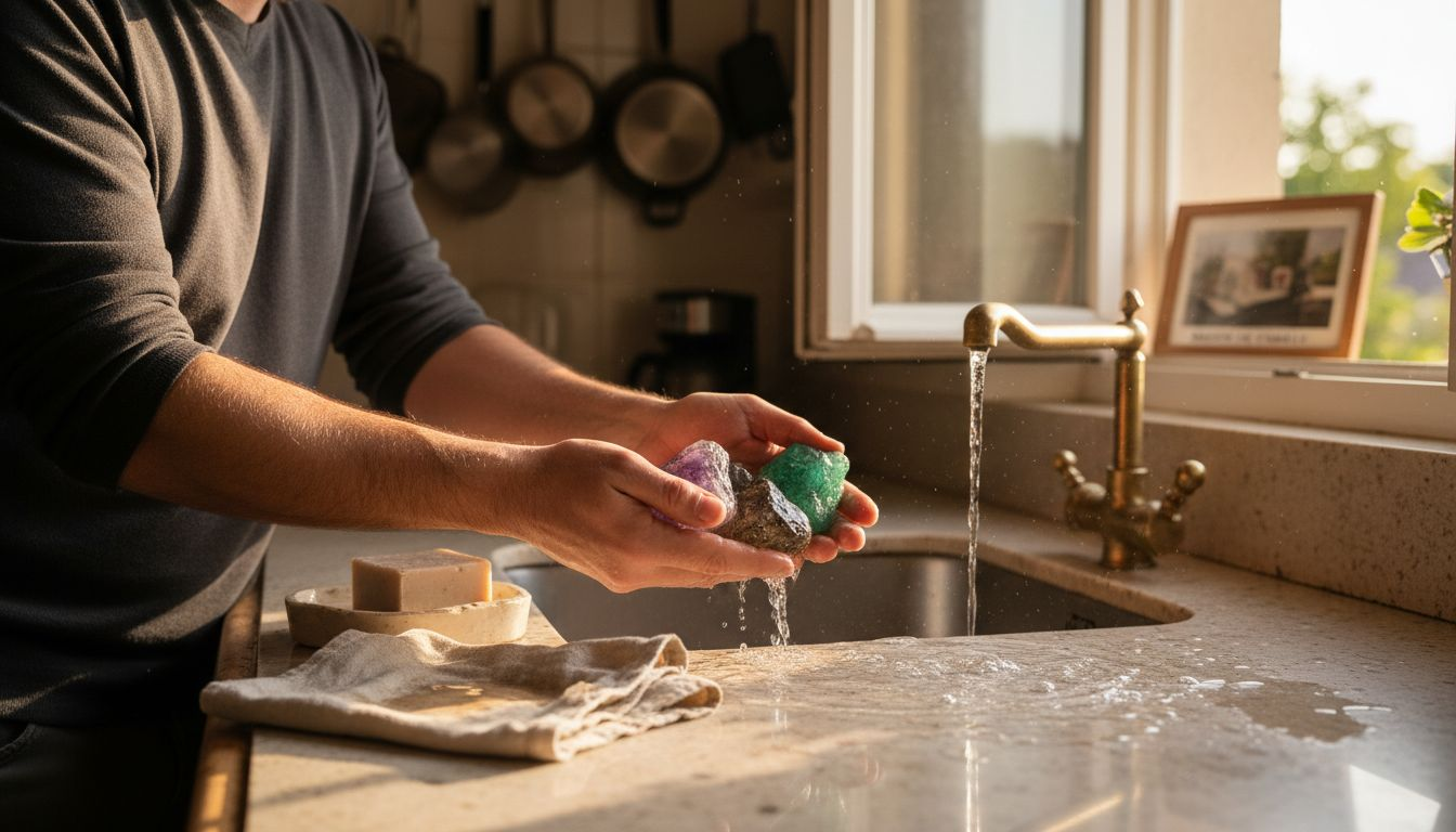 Un homme nettoie soigneusement des pierres sous l’eau du robinet dans sa cuisine.