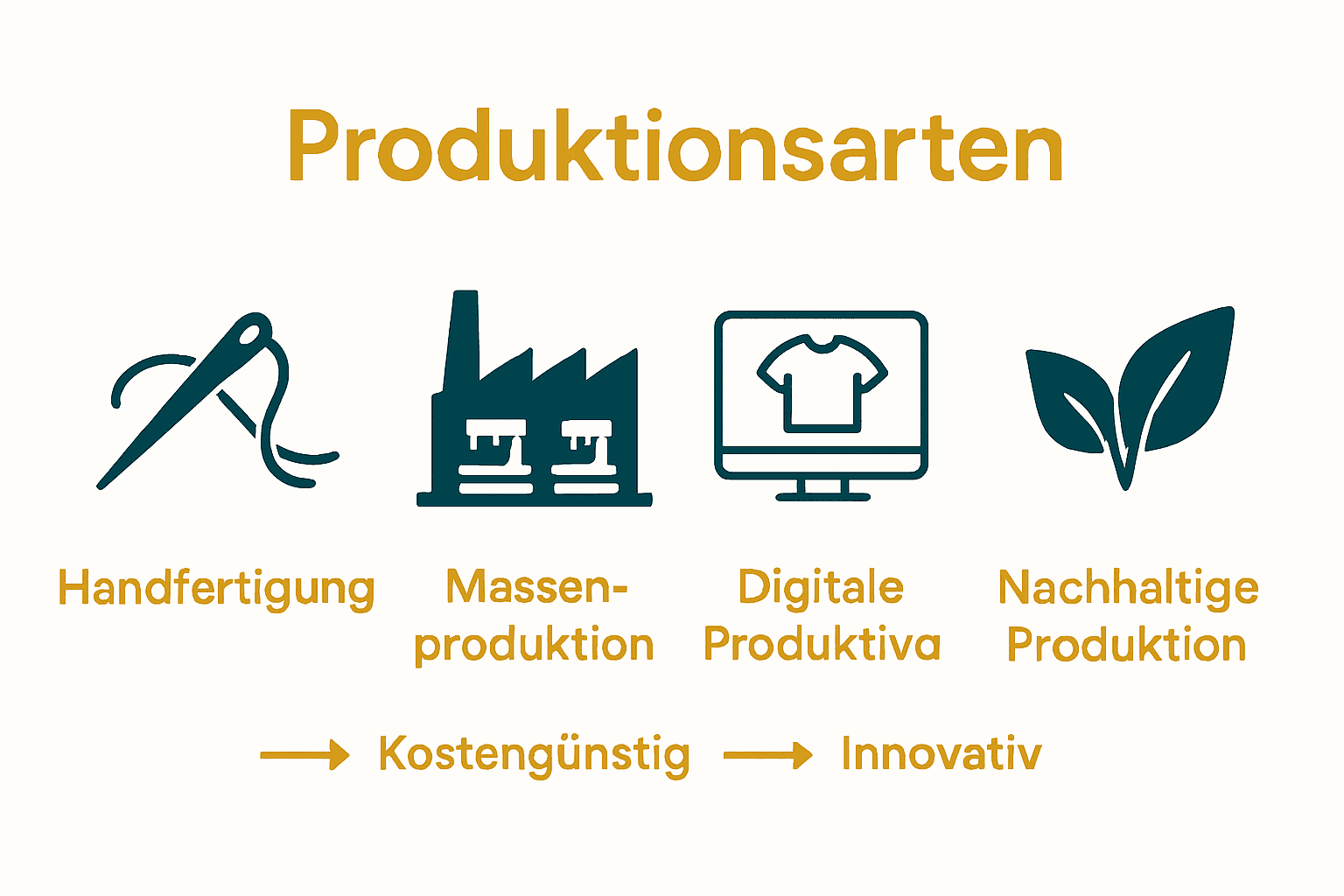 Vergleich von vier Produktionsarten: Handarbeit, industrielle und digitale Produktion sowie nachhaltige Verfahren