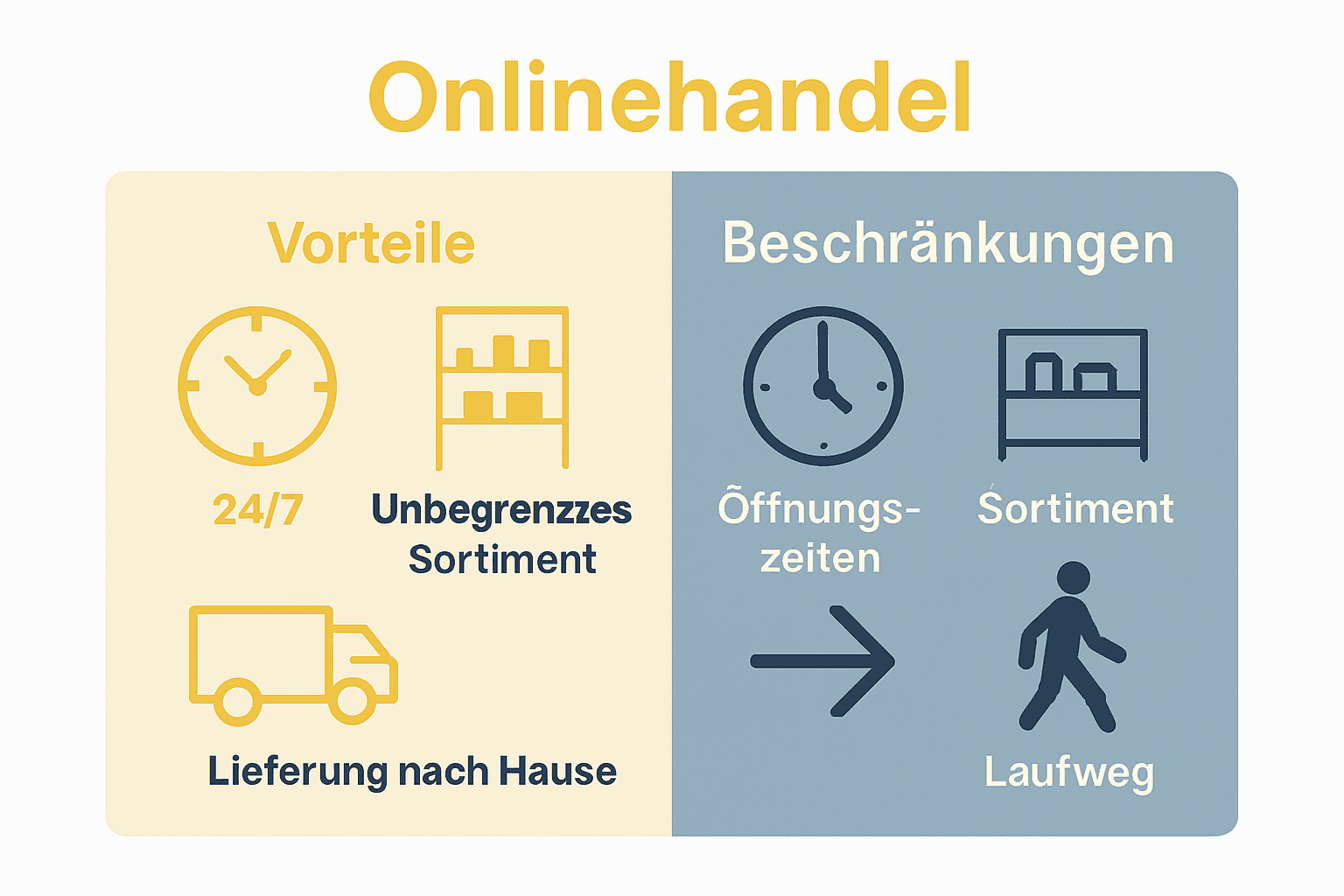 Vergleich Online-Shopping und stationärer Handel: Icons für Vorteile und Nachteile.