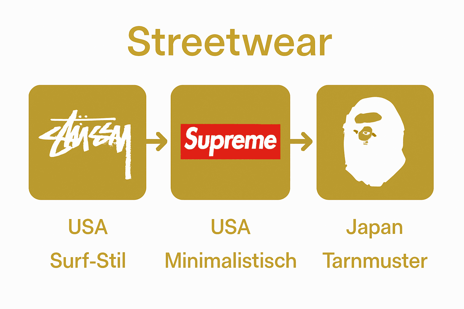 Vergleich von Stüssy, Supreme und BAPE als weltbekannte Streetwear-Marken