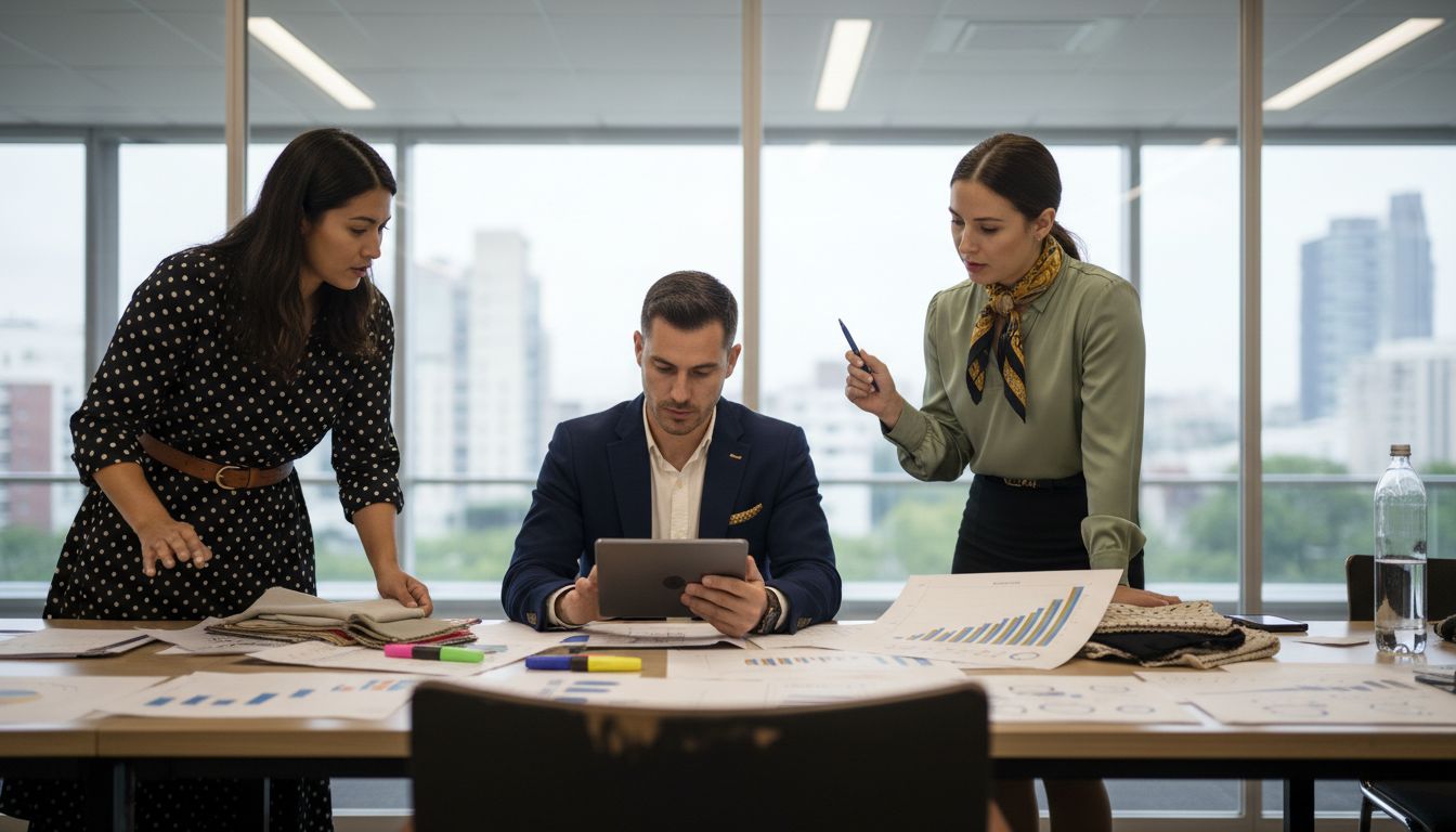 Team reviewing fashion trend data workspace