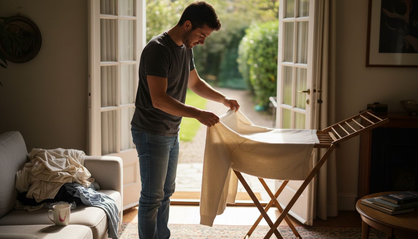 Man air-drying sweater on rack indoors