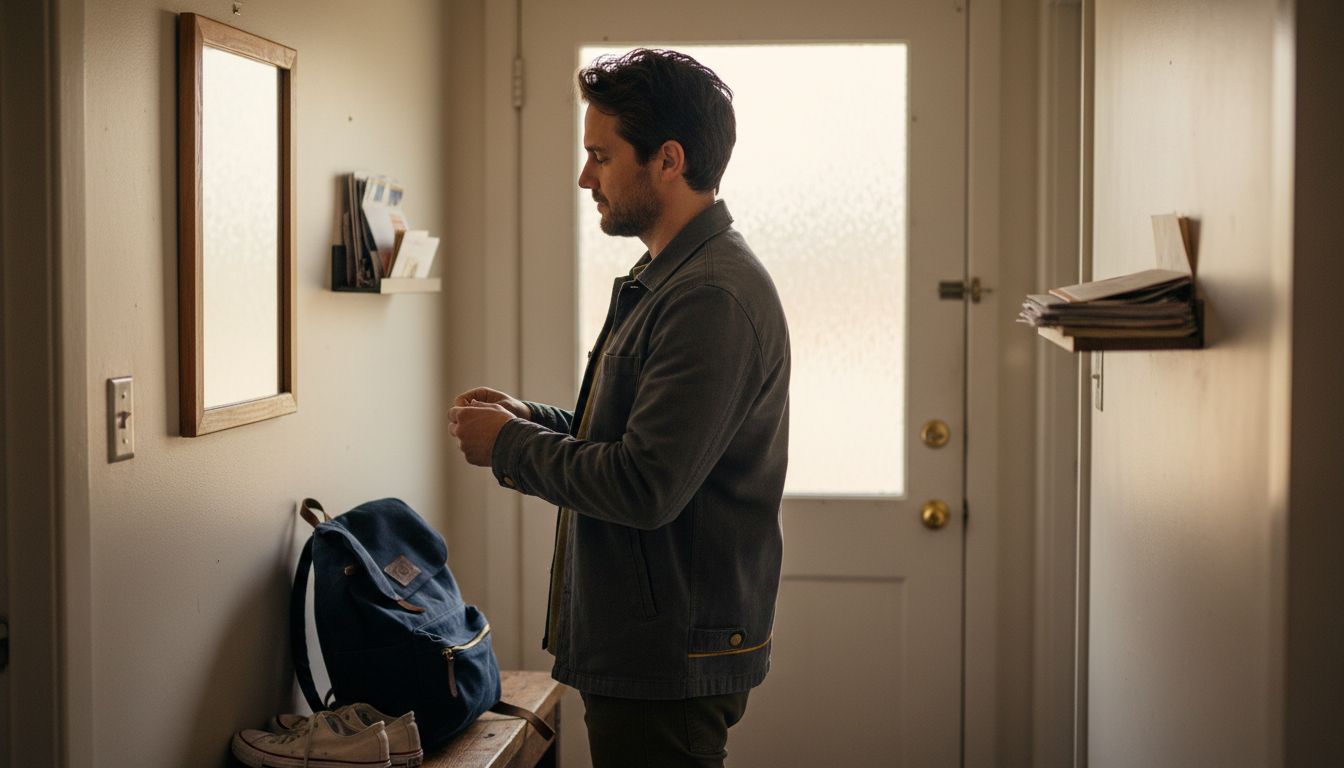 Man adjusting shirt in hallway mirror