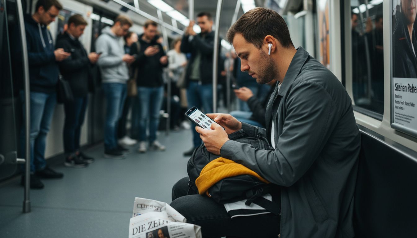 Ein Mann shoppt unterwegs in der U-Bahn bequem Mode über sein Smartphone.