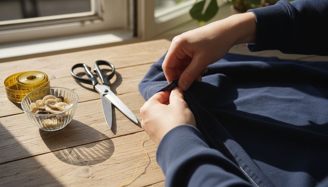 Mit geübtem Blick und Fingerspitzengefühl prüfen erfahrene Hände die Nähte des Pullovers auf ihre Verarbeitung und Qualität.