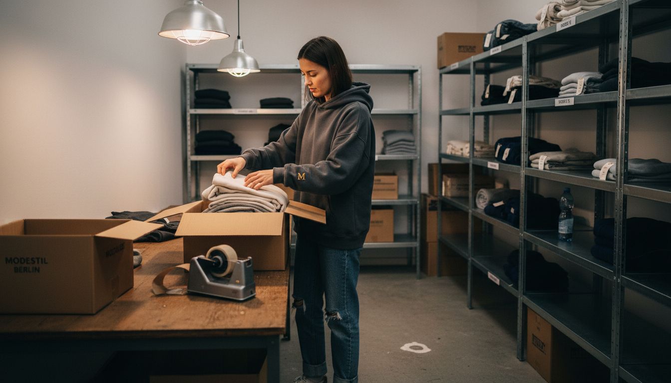 Ein Mitarbeiter verpackt Kleidung im Modelager.