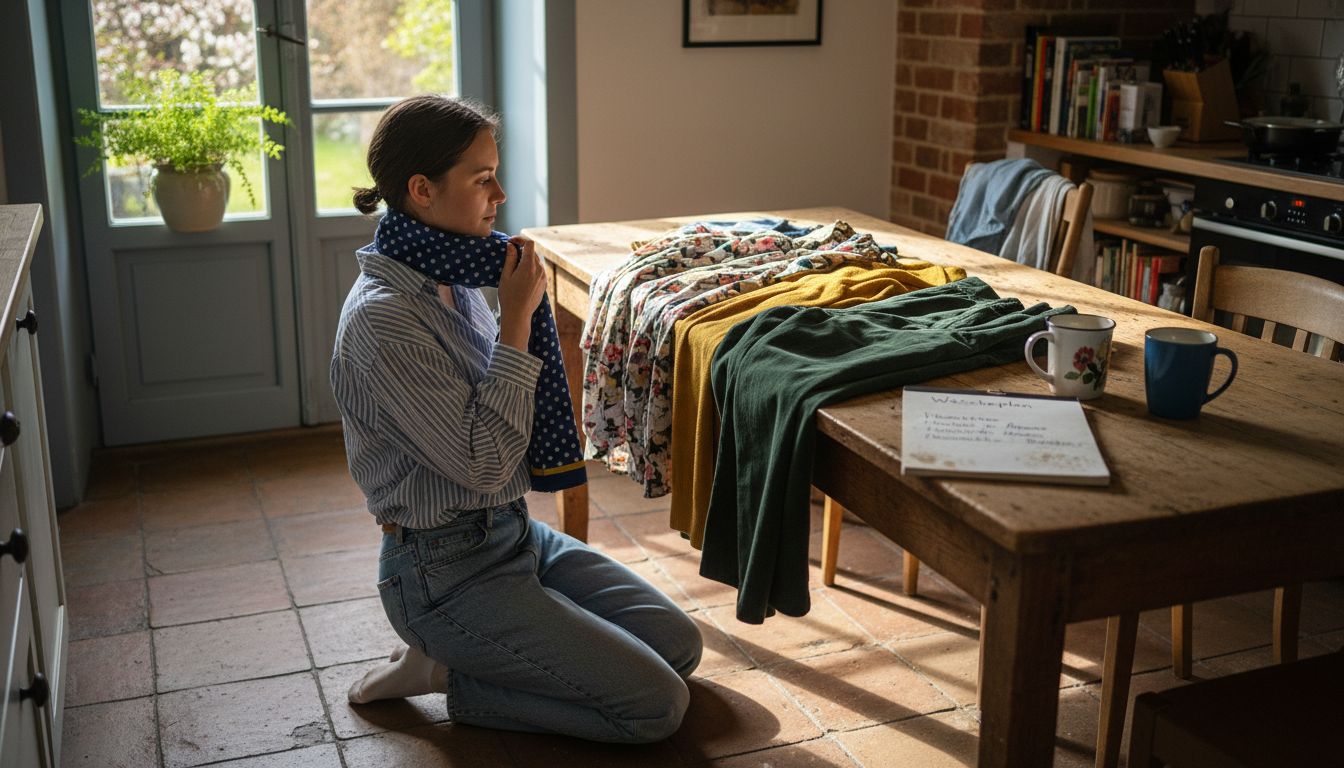 Eine Person sitzt am Tisch und kombiniert verschiedene Muster und Farben miteinander.