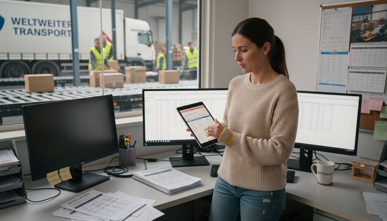 Eine Logistikfachkraft prüft eingehende Bestellungen aus dem Modebereich.