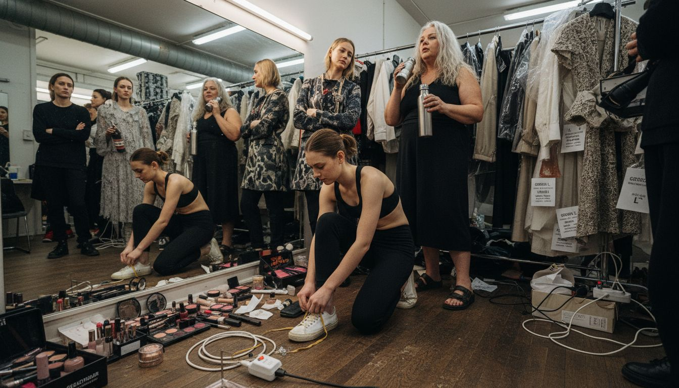 Hinter den Kulissen laufen die letzten Vorbereitungen: Die Models machen sich für die große Modenschau startklar.