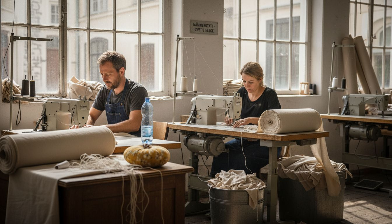 In einer Fair-Fashion-Manufaktur fertigen Textilarbeiterinnen und -arbeiter unter guten Arbeitsbedingungen hochwertige Kleidung an.