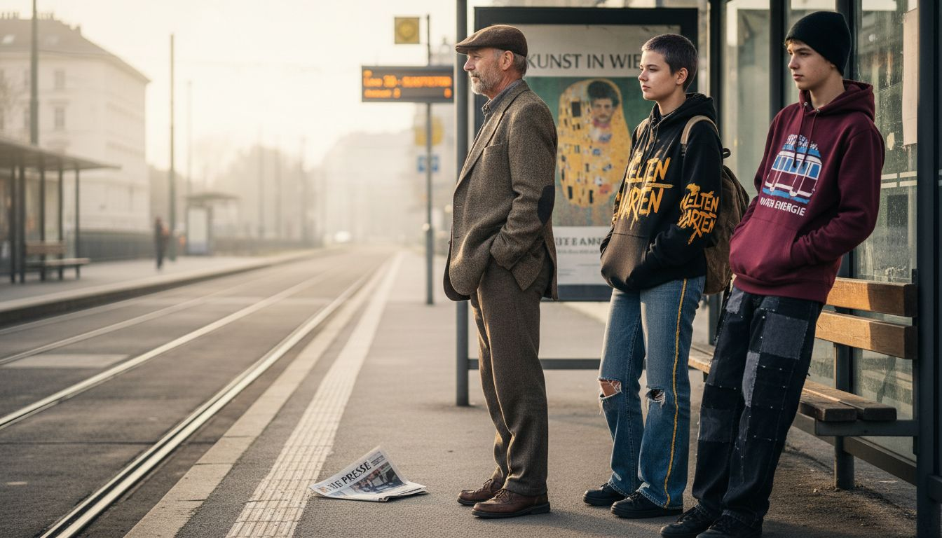 Mode durch die Generationen – ein Blick auf die Outfits an der Straßenbahnhaltestelle
