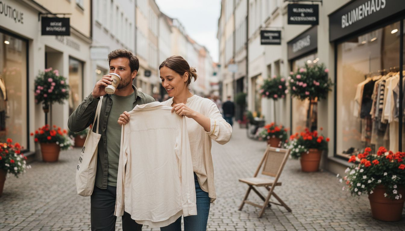 Bummelige Einkäufer flanieren entlang einer belebten Straße mit kleinen, individuellen Geschäften.