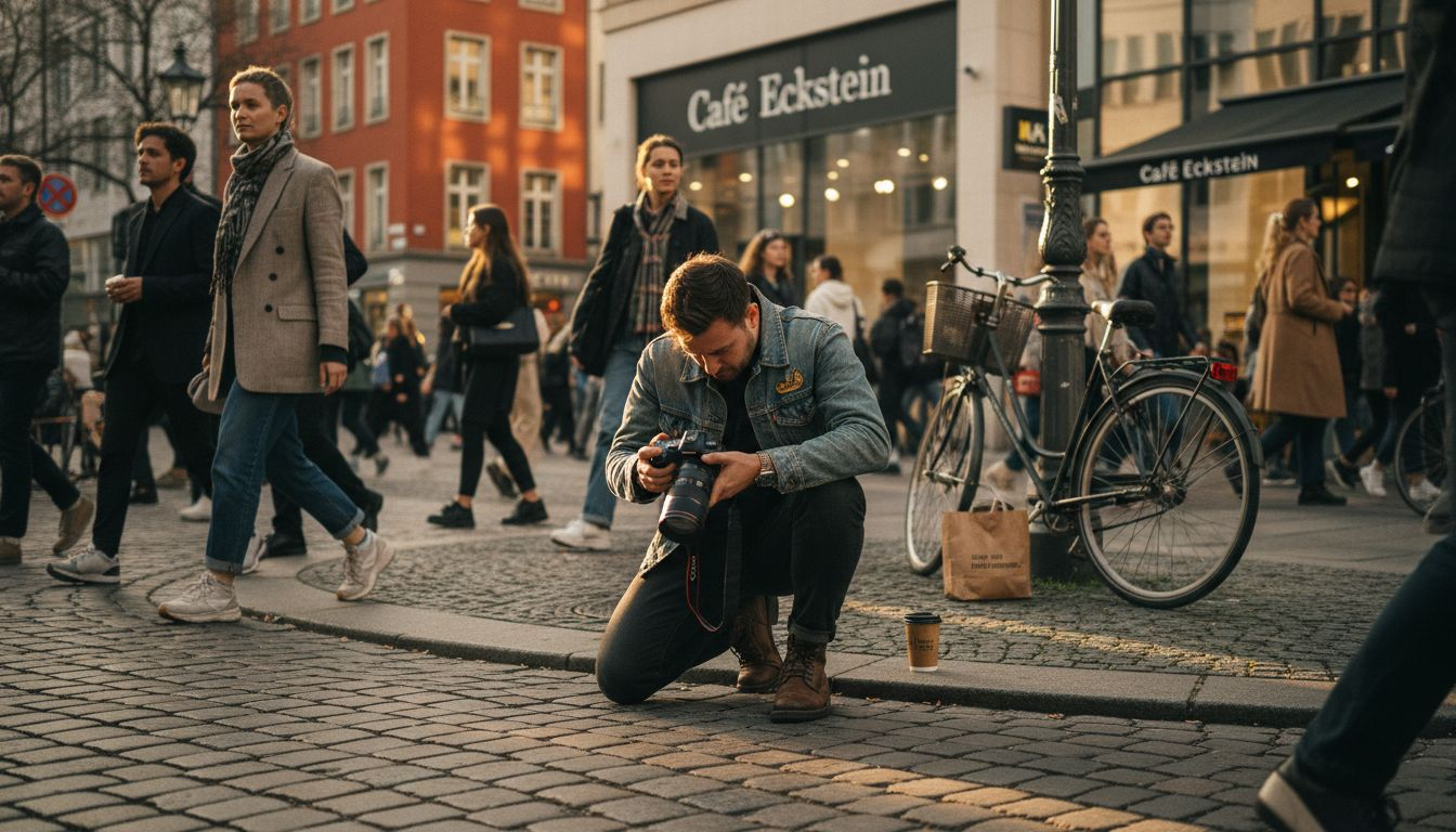 Ein Fotograf hält authentische Streetstyle-Momente auf den Straßen fest.