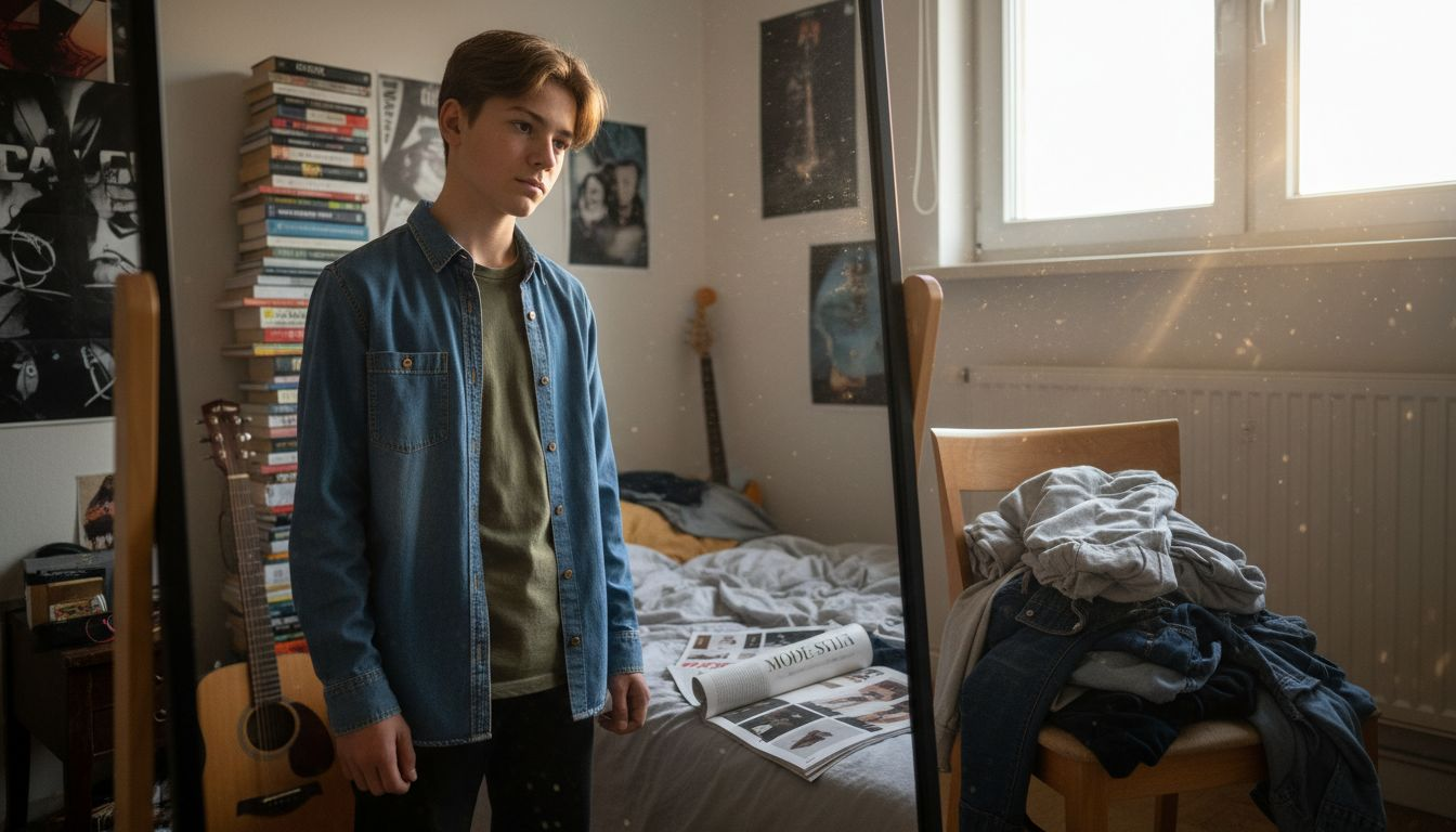 Ein Junge vergleicht Hemden mit schmaler und normaler Passform.