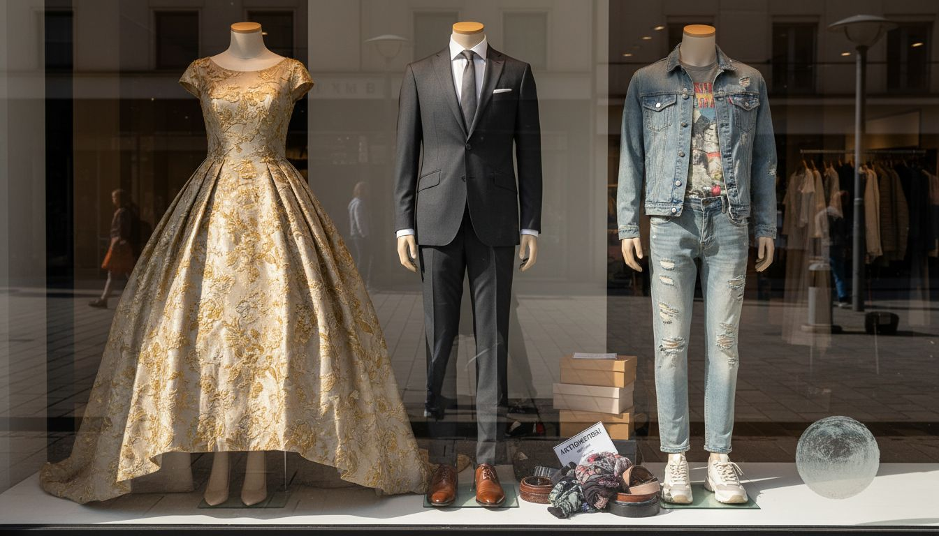 Schaufensterpuppen präsentieren die Vielfalt aktueller Modemarken.