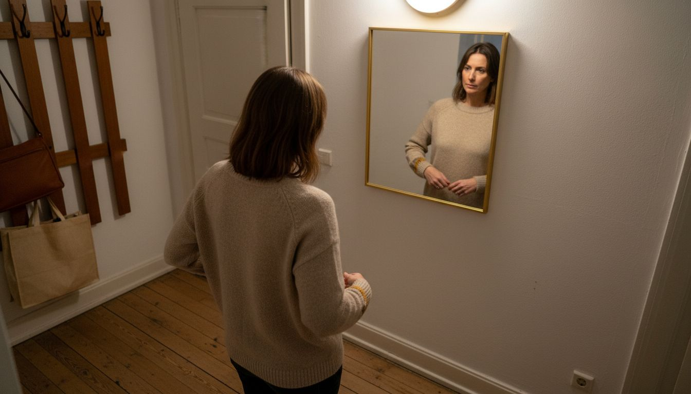Eine Frau probiert vor dem Spiegel einen Pullover an, um zu sehen, wie er sitzt.