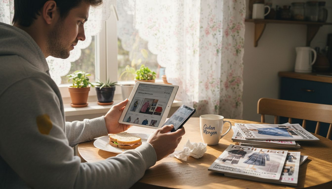 Ein Mann stöbert im Internet und vergleicht verschiedene Online-Shops, um das beste Angebot für Mode zu finden.