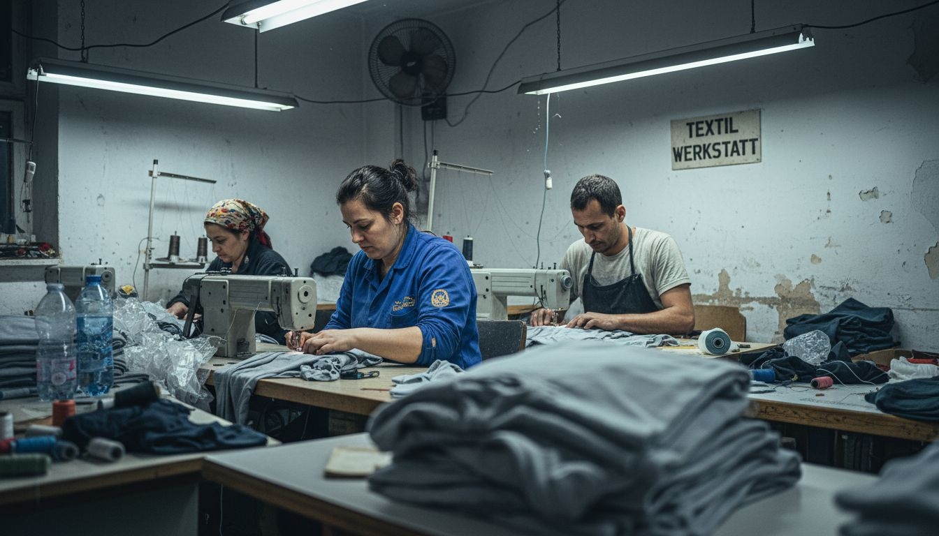 In einer engen Werkstatt sitzen zahlreiche Näherinnen und Näher dicht beieinander an ihren Maschinen und arbeiten unermüdlich an der Fertigung von Kleidung.