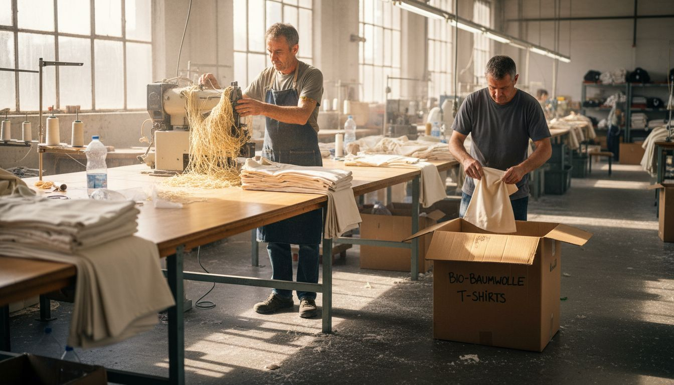 Mitarbeiter in der Textilproduktion sortieren T-Shirts aus Bio-Baumwolle.