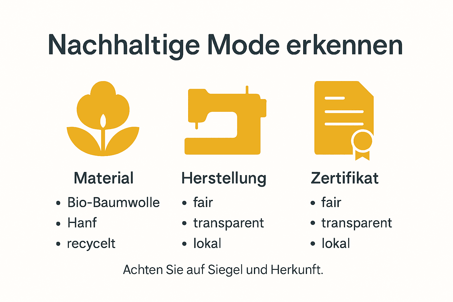 Übersicht: Nachhaltige Mode – wichtige Kriterien anschaulich mit Icons dargestellt