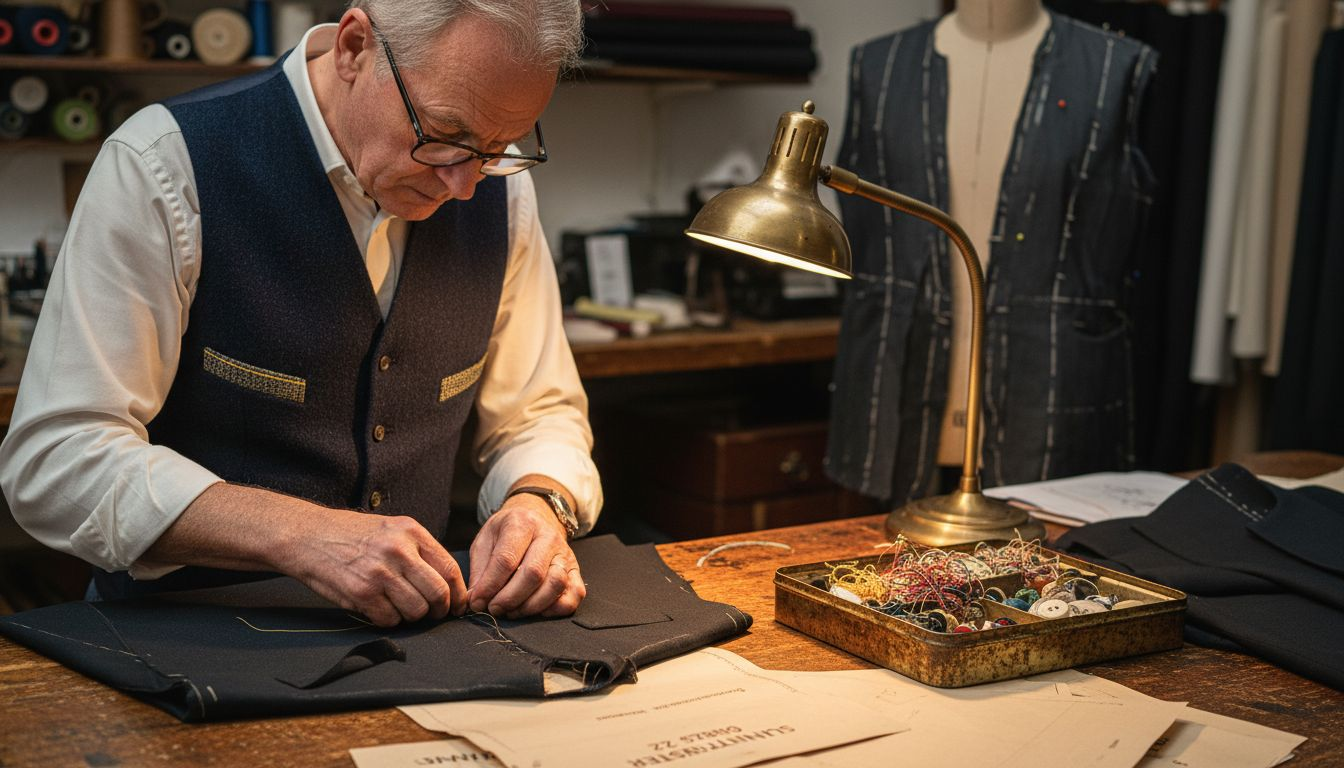 Ein Schneider fertigt im Atelier ein Jackett in liebevoller Handarbeit an.