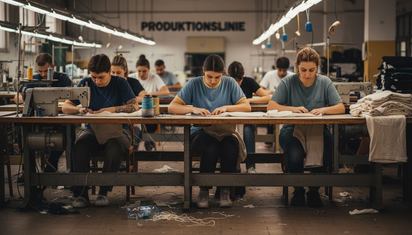 In einer Textilfabrik arbeiten Mitarbeiter daran, Kleidungsstücke zusammenzusetzen.