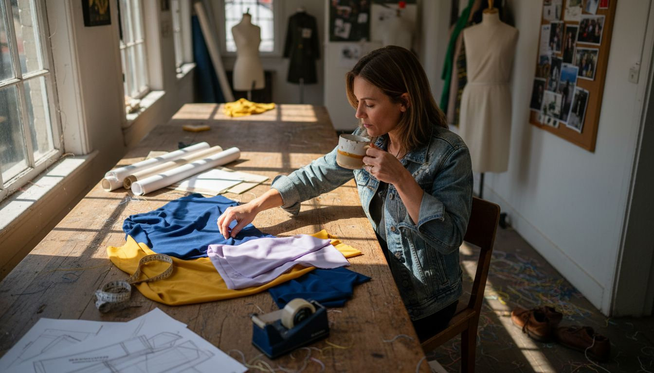 Am Schreibtisch legt eine Designerin verschiedene bunte Stoffproben ordentlich zurecht.