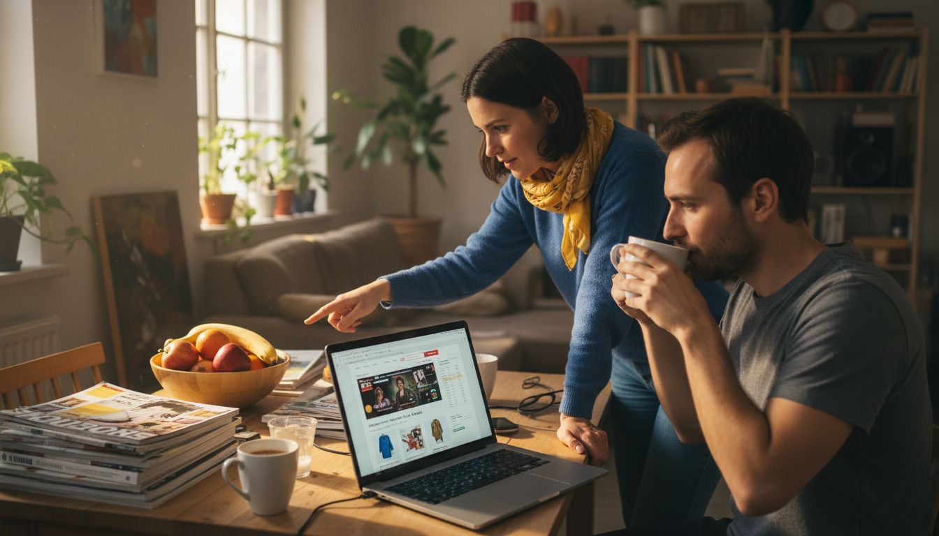 Zwei Freundinnen tauschen sich beim Kaffee darüber aus, was gerade in Sachen Online-Mode angesagt ist. Sie diskutieren neue Trends, zeigen sich gegenseitig interessante Styles auf Instagram und geben Tipps, wo man die coolsten Teile shoppen kann.