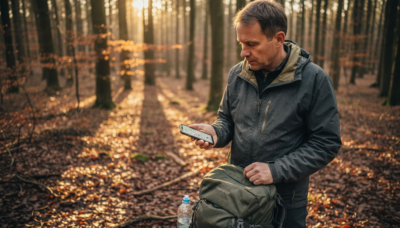 Ein Mann testet seine Outdoorjacke bei einem Spaziergang durch den Wald.