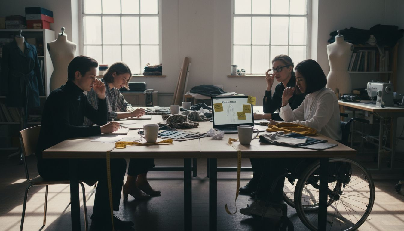 Ein vielfältiges Modedesign-Team tauscht sich während eines Meetings kreativ aus.