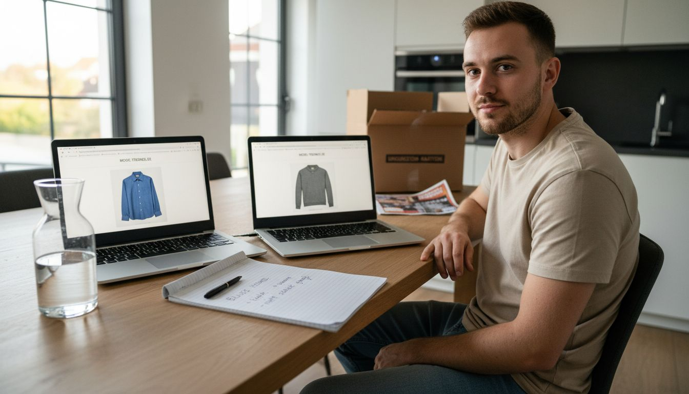 Ein Mann schaut sich verschiedene Kleidungsstücke an und liest dazu die Kundenbewertungen, um besser vergleichen zu können.