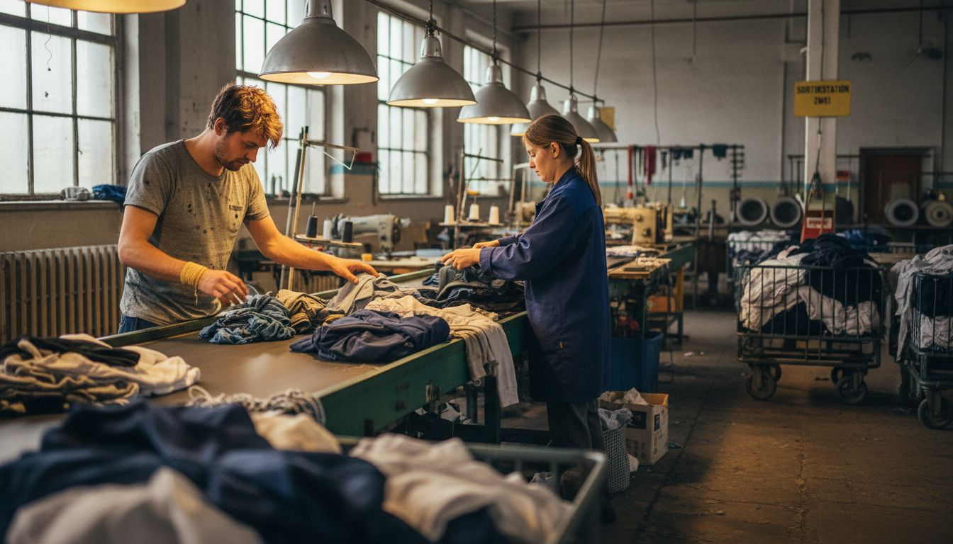 Mitarbeiter sortieren Kleidungsstücke direkt am laufenden Band.