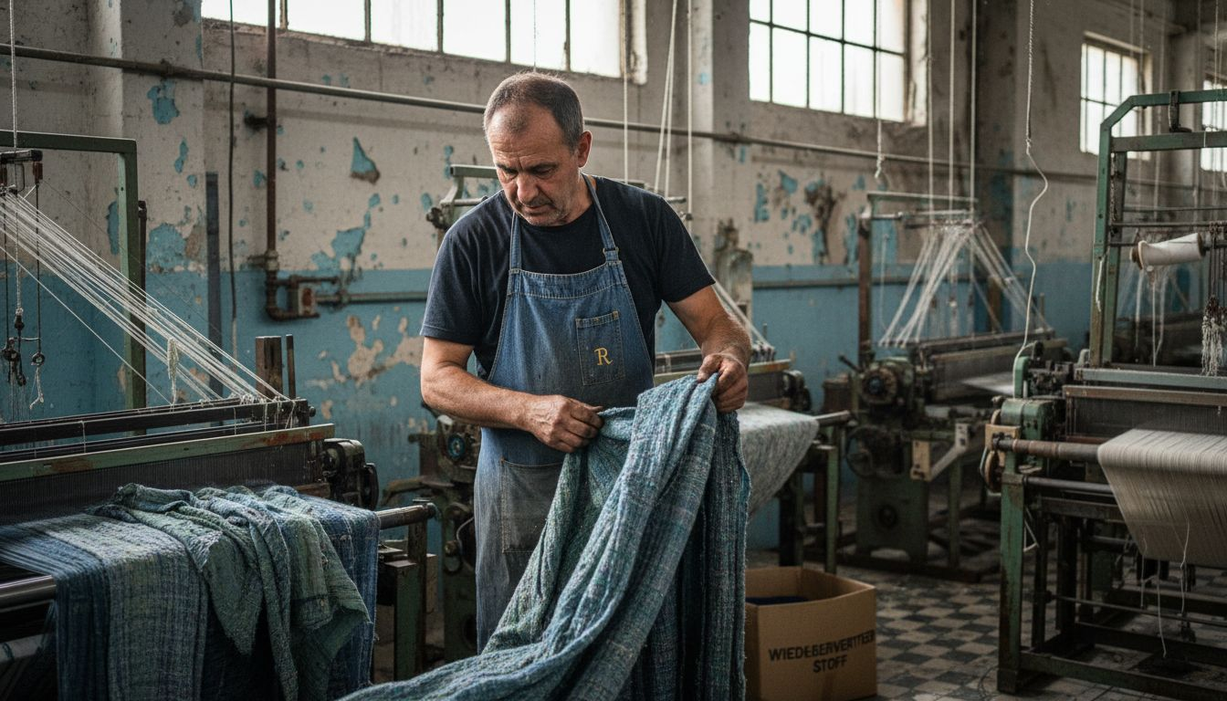 Eine Mitarbeiterin in der Textilproduktion prüft sorgfältig Rollen aus recyceltem Stoff.
