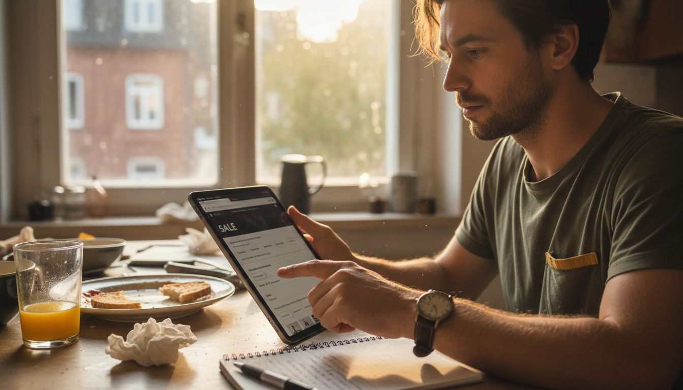 Ein Mann stöbert auf seinem Tablet gezielt nach Kleidung und nutzt dabei die Filterfunktion, um die Auswahl einzugrenzen.