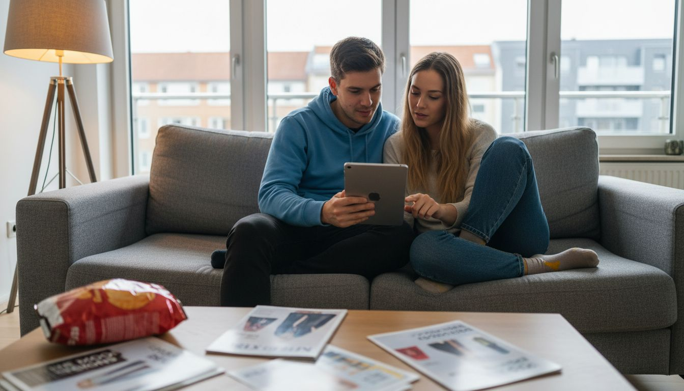 Ein junges Paar stöbert gemeinsam durch Online-Shops auf der Suche nach neuer Mode.