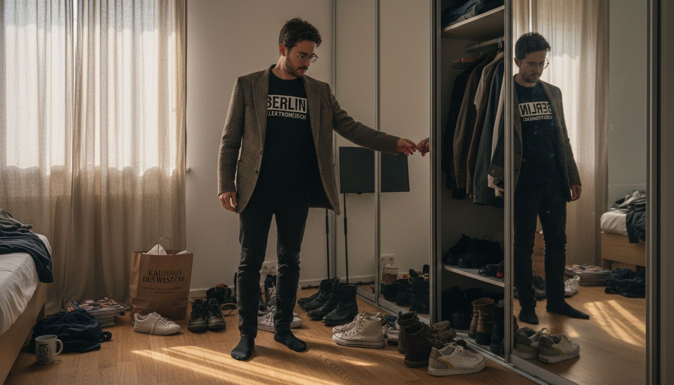 Ein Mann steht vor seinem Kleiderschrank und kombiniert verschiedene Stilrichtungen miteinander.