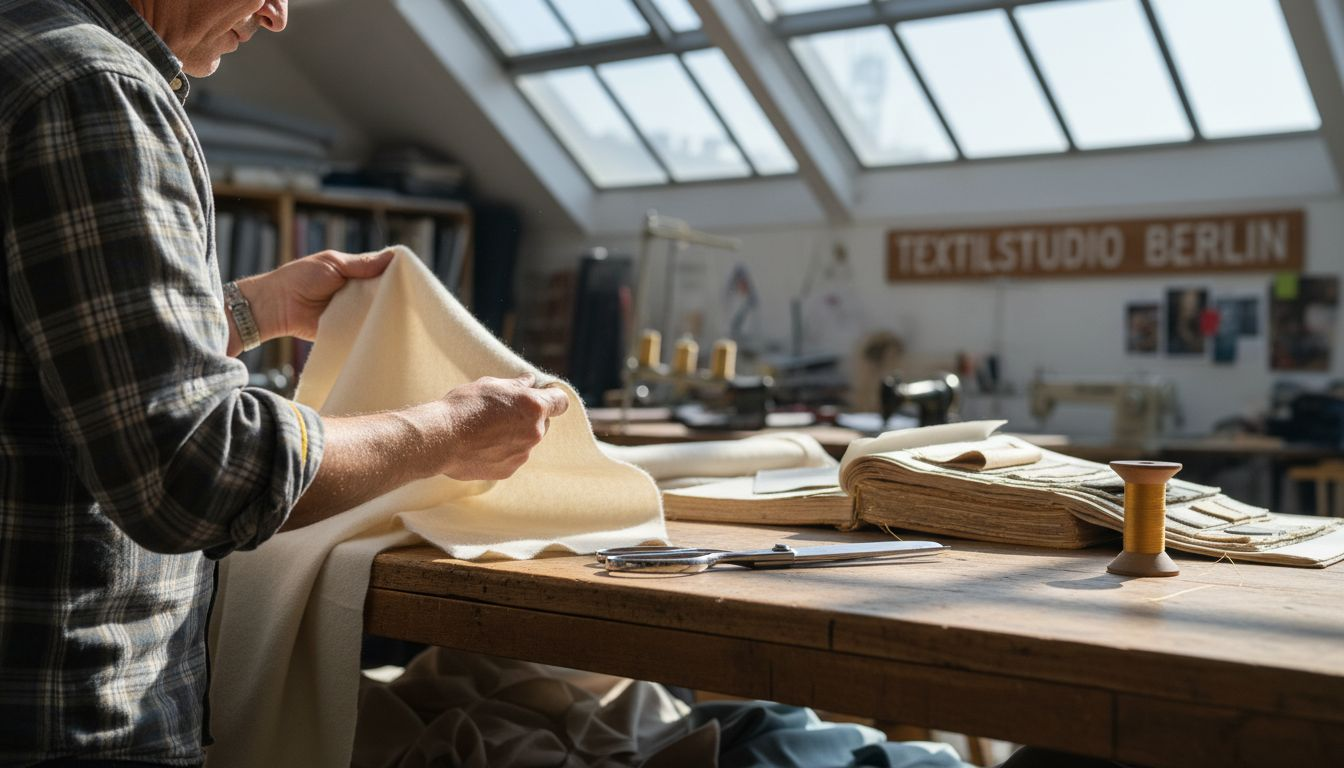 Ein Designer prüft edles Kaschmirgewebe in seinem Atelier und lässt sich von der feinen Qualität inspirieren.