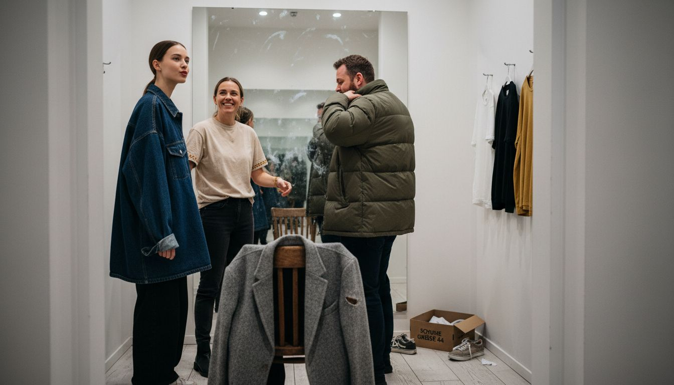 Eine Mitarbeiterin im Einzelhandel berät Kunden beim Einkauf von geschlechtsneutraler Kleidung und hilft ihnen, das passende Outfit zu finden.