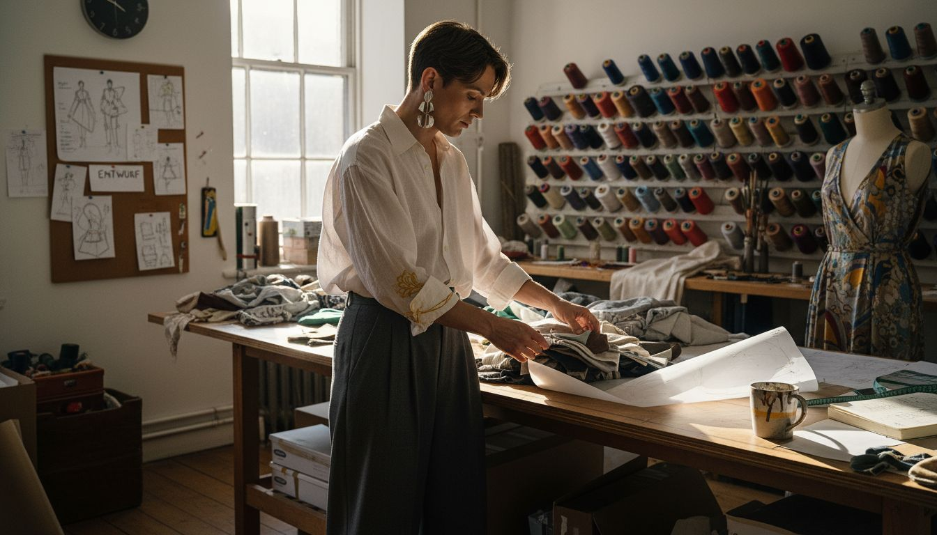In einem Studio, das Wert auf geschlechtsunabhängige Mode legt, sucht eine Designerin sorgfältig verschiedene Stoffe aus.