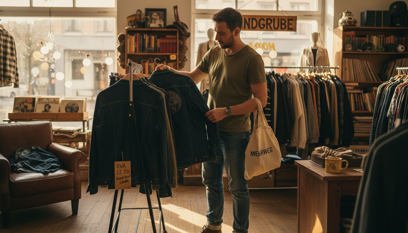 Ein Mann stöbert in einem Secondhand-Laden nach Jacken.