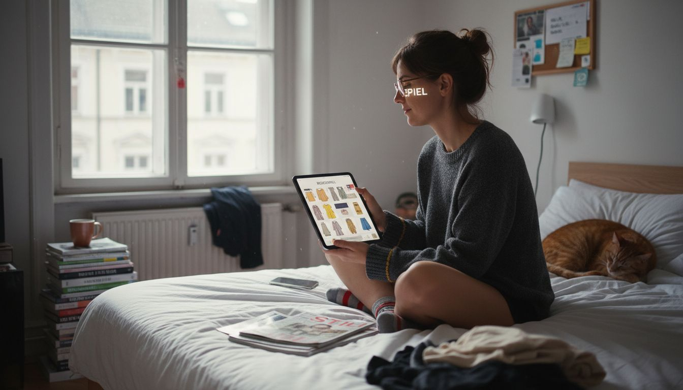 Eine Frau probiert auf ihrem Tablet eine innovative KI-Anwendung für Mode aus.