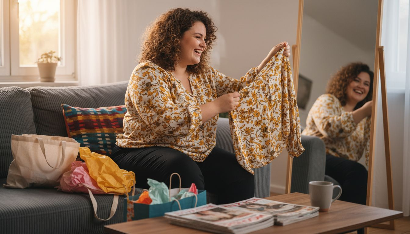 Eine Frau mit Kurven probiert entspannt neue Outfits zu Hause an.