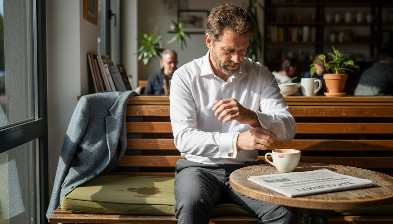 Ein Mann sitzt entspannt im Café und trägt ein schlichtes, stilvolles Outfit.