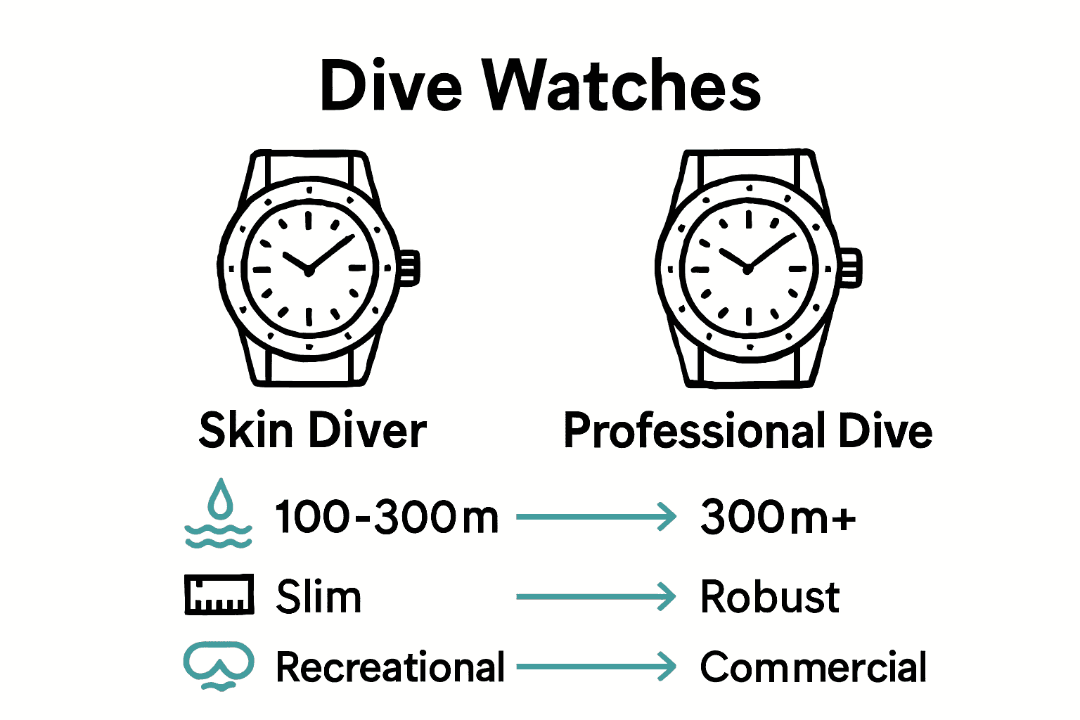 Infographic comparing skin diver and professional dive watches by water resistance, case size, and intended use.